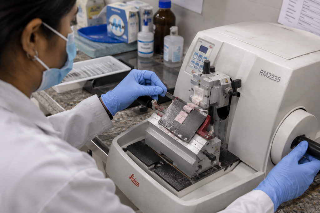 Researcher in a Karnataka R&D laboratory loading samples into a benchtop centrifuge for sample preparation