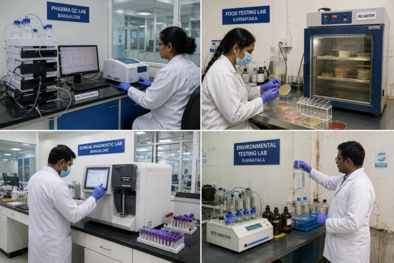 Laboratory equipment applications across pharmaceutical and food testing industry settings in Bangalore — analytical instruments visible in working Indian labs