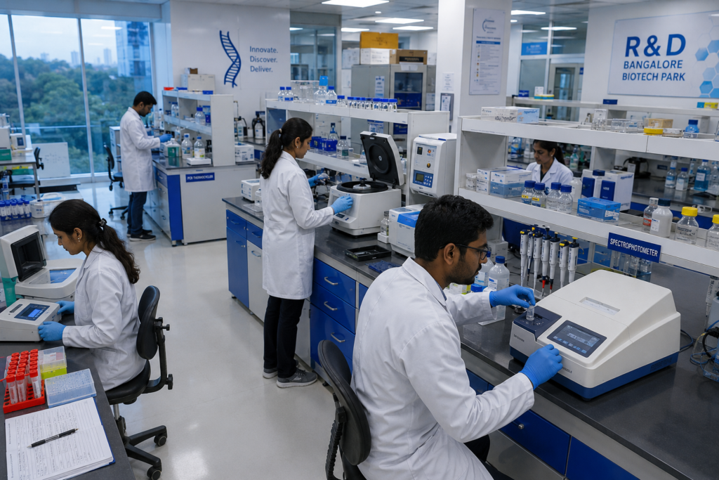  Indian industrial laboratory showing diverse laboratory equipment applications — researchers in pharma and R&D settings in a Karnataka biotech facility