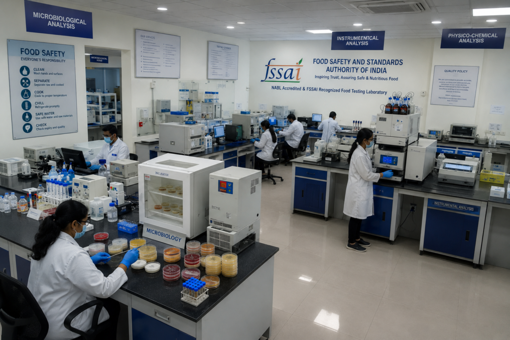 Side-by-side Indian lab settings — clinical diagnostic lab and environmental water testing lab — showing different laboratory equipment applications