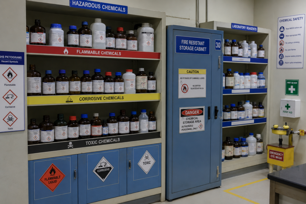 Laboratory reagents & chemicals properly labelled with GHS hazard symbols and stored by compatibility class in a Bangalore research lab chemical storage area