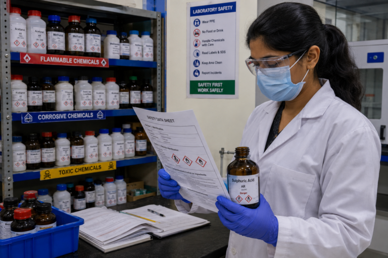 Indian researcher wearing full PPE consulting a Safety Data Sheet before handling laboratory chemicals in a Karnataka pharmaceutical laboratory