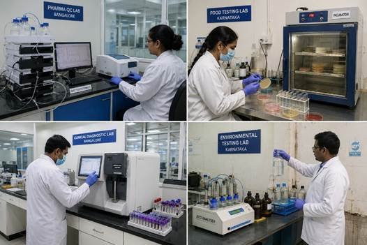 Alt Tag: Laboratory equipment applications across pharmaceutical and food testing industry settings in Bangalore — analytical instruments visible in working Indian labs