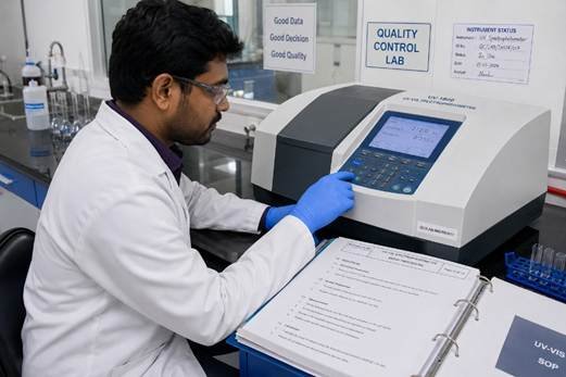 Researcher following a printed standard operating procedure step-by-step while conducting a test in a Karnataka pharmaceutical laboratory
