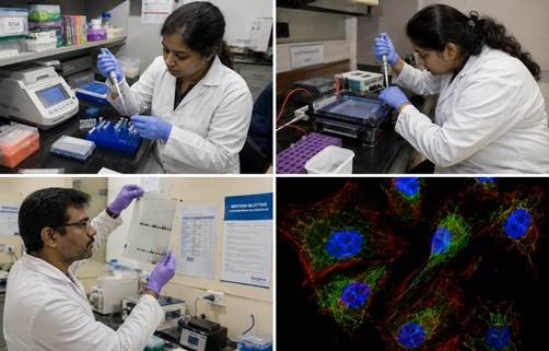 Indian biotech researcher performing multiple molecular biology laboratory techniques at a Karnataka research institute — pipetting RNA and loading PCR strips