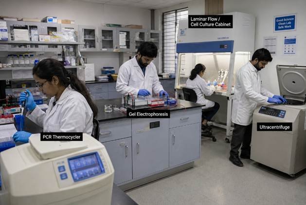 Molecular biology laboratory techniques in Bangalore showing PCR thermocycler, gel electrophoresis unit and cell culture biosafety cabinet — active biotech research environment