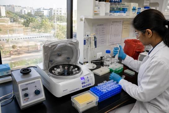 Sample preparation equipment arranged on a Bangalore biotech lab bench — centrifuge, vortex mixer and sample tubes clearly visible