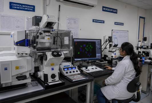 Confocal fluorescence laboratory imaging microscopy system in a Bangalore life sciences research laboratory — fluorescent cell images visible on connected monitor screen