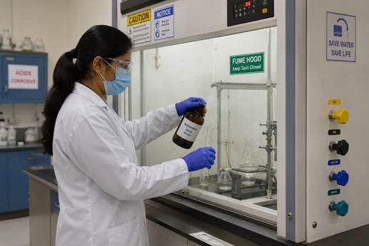 Indian researcher in complete PPE — lab coat, nitrile gloves and safety goggles — handling chemical reagents at a fume hood in a Karnataka pharmaceutical lab