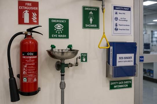 Laboratory safety equipment station in a Bangalore research institution — fire extinguisher, eyewash station, SDS binder and PPE storage all clearly visible