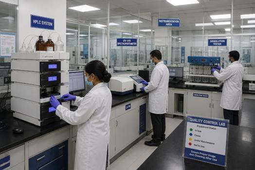Pharmaceutical laboratory equipment including HPLC system and dissolution tester in a GMP-compliant Bangalore pharma QC lab