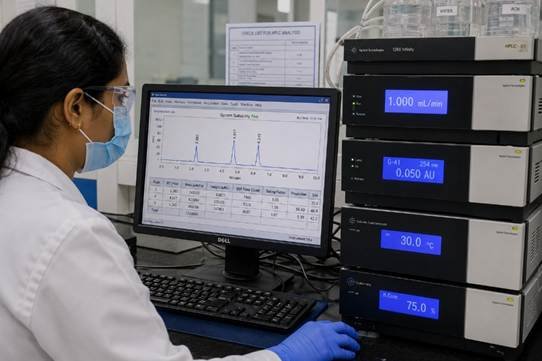 Biopharma research lab with bench-scale bioreactor and downstream processing equipment at a Karnataka biopharma company