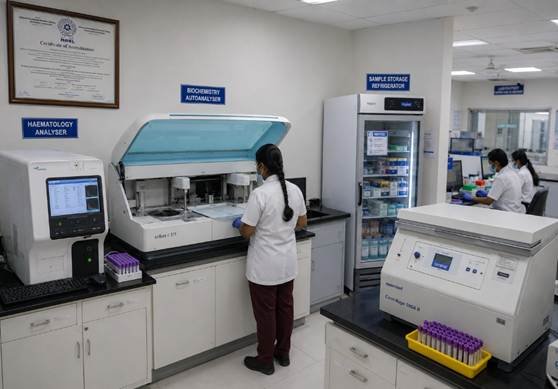 Clinical laboratory equipment in an active Bangalore hospital diagnostic lab — haematology analyser and biochemistry autoanalyser visible on benches