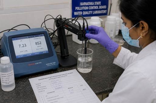 Environmental scientist conducting water quality testing in a Karnataka State Pollution Control Board-affiliated laboratory