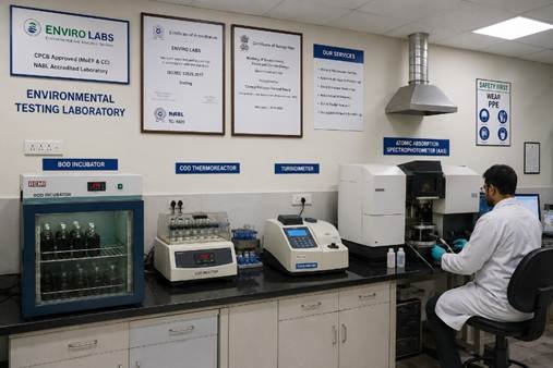 Environmental laboratory testing instruments — water quality analyser and AAS in a Bangalore CPCB-approved NABL-accredited testing laboratory