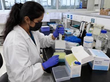 Indian researcher unpacking and organising laboratory consumables in a Karnataka university research lab — plasticware and glassware clearly visible