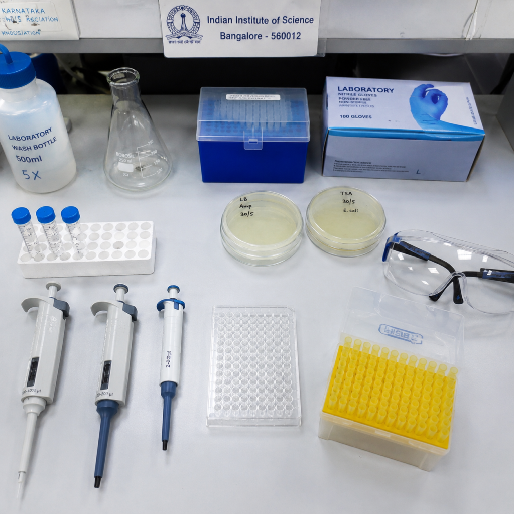 Flat-lay of common laboratory equipment on a clean Bangalore lab bench — pipettes, Erlenmeyer flasks, petri dishes and safety goggles