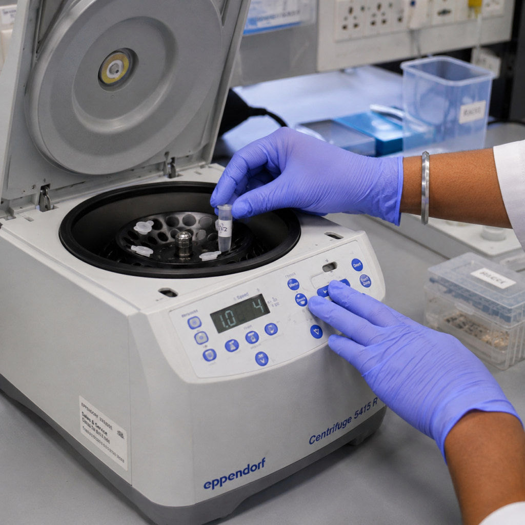 LabXcite laboratory equipment displayed in a Karnataka research institution — analytical instruments arranged on organised laboratory shelves