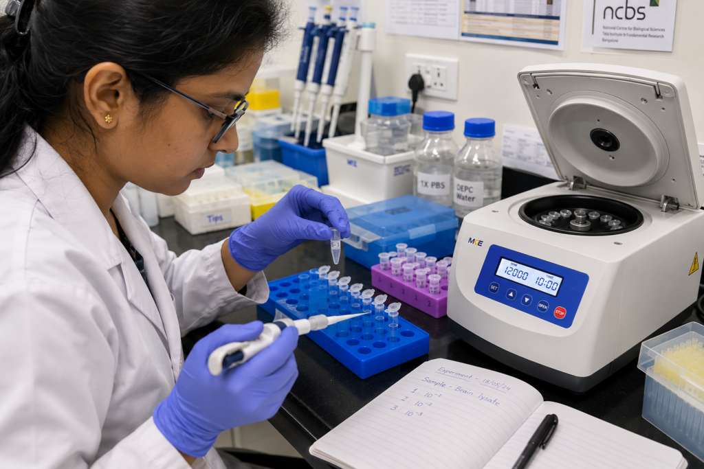 Researcher balancing centrifuge tubes before starting a high-speed centrifuge run in a Karnataka biotech lab
