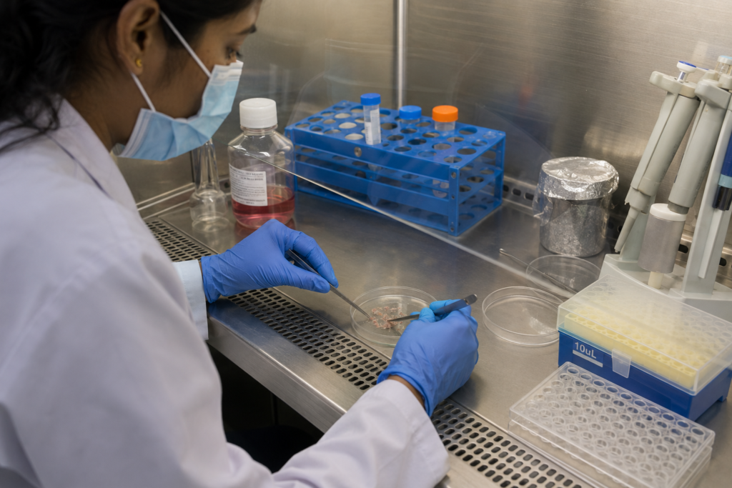 Researcher preparing a tissue sample showing tissue dissociation methods in a Bangalore research lab