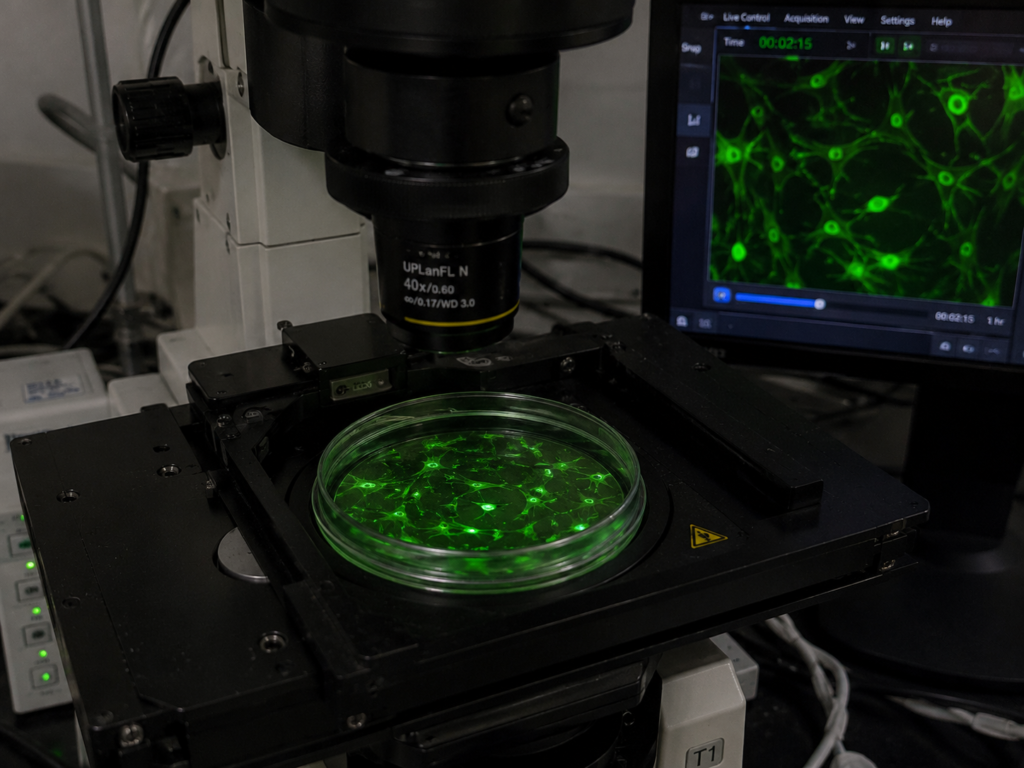 GFP-labelled cells being imaged over time in a live cell imaging experiment in a Karnataka research institute