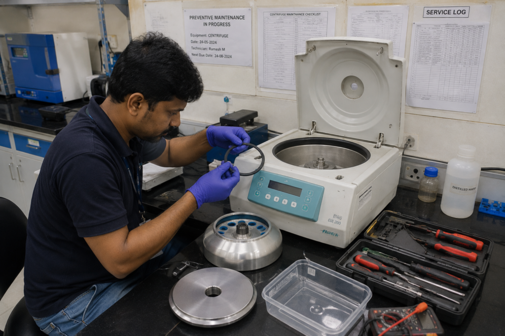 Service technician performing preventive maintenance on a laboratory centrifuge in a Bangalore research institution — rotor removed for inspection
