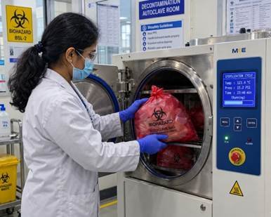 Researcher loading instrument packs into a pre-vacuum autoclave in a Karnataka sterile services area