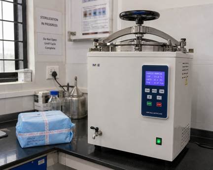 Vertical benchtop autoclave running a sterilization cycle showing autoclave sterilization in a Bangalore lab