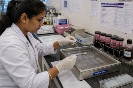 Tissue sections floating on a water bath before mounting on slides in a Karnataka pathology lab