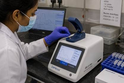 Researcher measuring DNA purity on a microvolume spectrophotometer in a Karnataka molecular biology lab