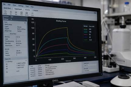 SPR sensorgram showing real-time binding kinetics on a computer screen in a Karnataka biopharma research lab