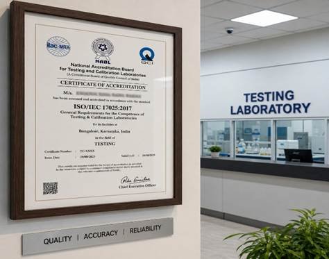 NABL accreditation laboratory certificate with ISO 17025 logo prominently displayed in the entrance of a Bangalore testing laboratory