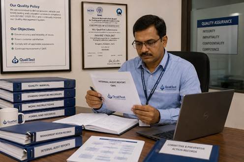 Quality manager reviewing NABL audit preparation documentation at a Karnataka NABL-accredited laboratory — internal audit binders open on desk
