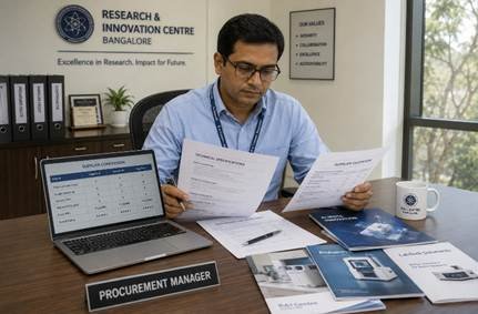 Laboratory equipment procurement manager reviewing laboratory equipment specifications and quotations from multiple suppliers at a Bangalore research institution