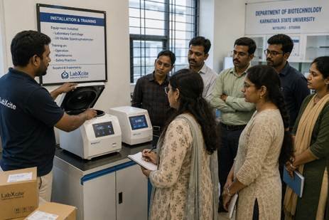 Laboratory equipment being delivered and installed at a Karnataka university — procurement officer and supplier technician visible during installation demonstration