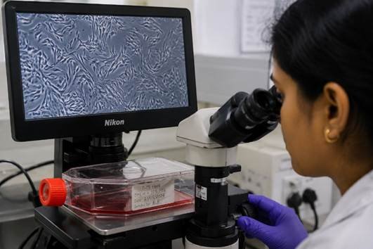 Researcher examining cell culture flask under an inverted phase contrast microscope in a Karnataka pharmaceutical R&D laboratory
