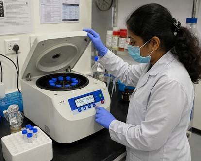 Benchtop centrifuge showing the centrifuge working principle with rotor and sample tubes in a Bangalore research lab