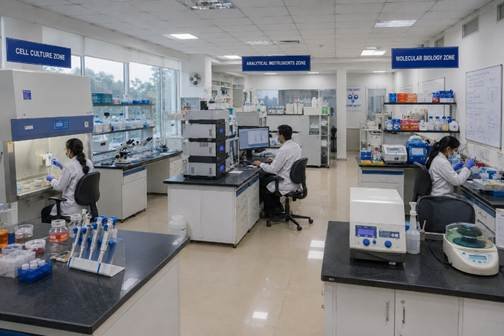 Modern research and development laboratory in a Bangalore science park — multiple instrument workstations and clean organised layout visible