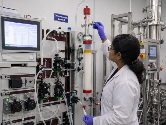 Downstream protein purification chromatography system connected to a bioprocess train in a Karnataka biopharma facility