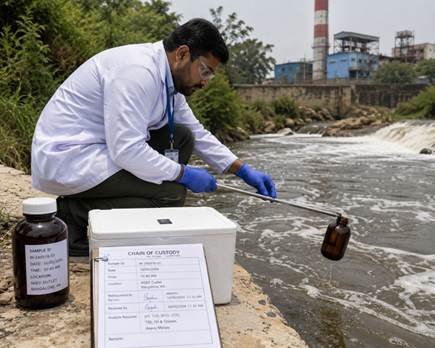 Environmental scientist collecting a water sample for quality testing from a lake near a Karnataka industrial zone