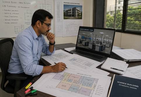 Architect reviewing laboratory layout design plans for a new Karnataka research institute laboratory block