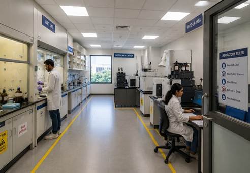 Research laboratory showing laboratory layout design with wet bench and instrument zones in Bangalore
