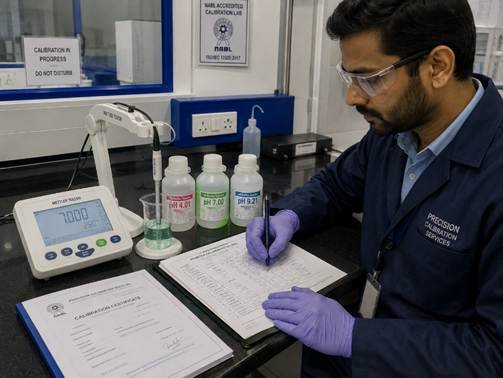 Calibration technician checking a pH meter against certified reference buffer solutions in a Karnataka NABL-accredited testing laboratory