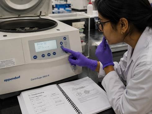Technician reading centrifuge error code demonstrating lab equipment troubleshooting in a Bangalore lab