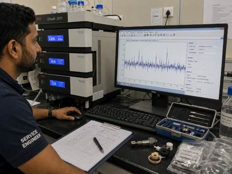 Service engineer reviewing HPLC baseline noise trace on a computer screen while troubleshooting a Karnataka pharmaceutical lab instrument