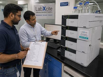Researcher inspecting a refurbished HPLC system before purchase at a Bangalore laboratory equipment supplier