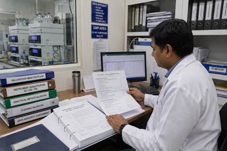 QA manager reviewing instrument qualification documentation in a Karnataka pharmaceutical company GMP lab