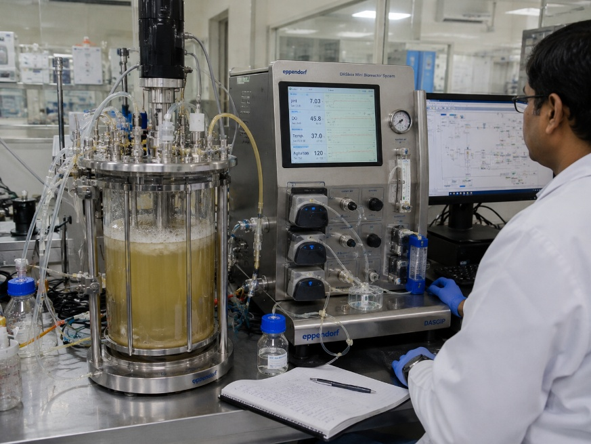 Stirred tank bioreactor showing bioprocessing equipment for cell culture in a Bangalore biopharma lab